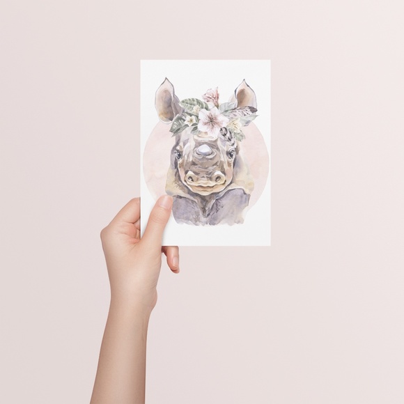 Watercolor Floral Rhino Wall Art Illustration Print Poster Card Unframed - Picture 5 of 8